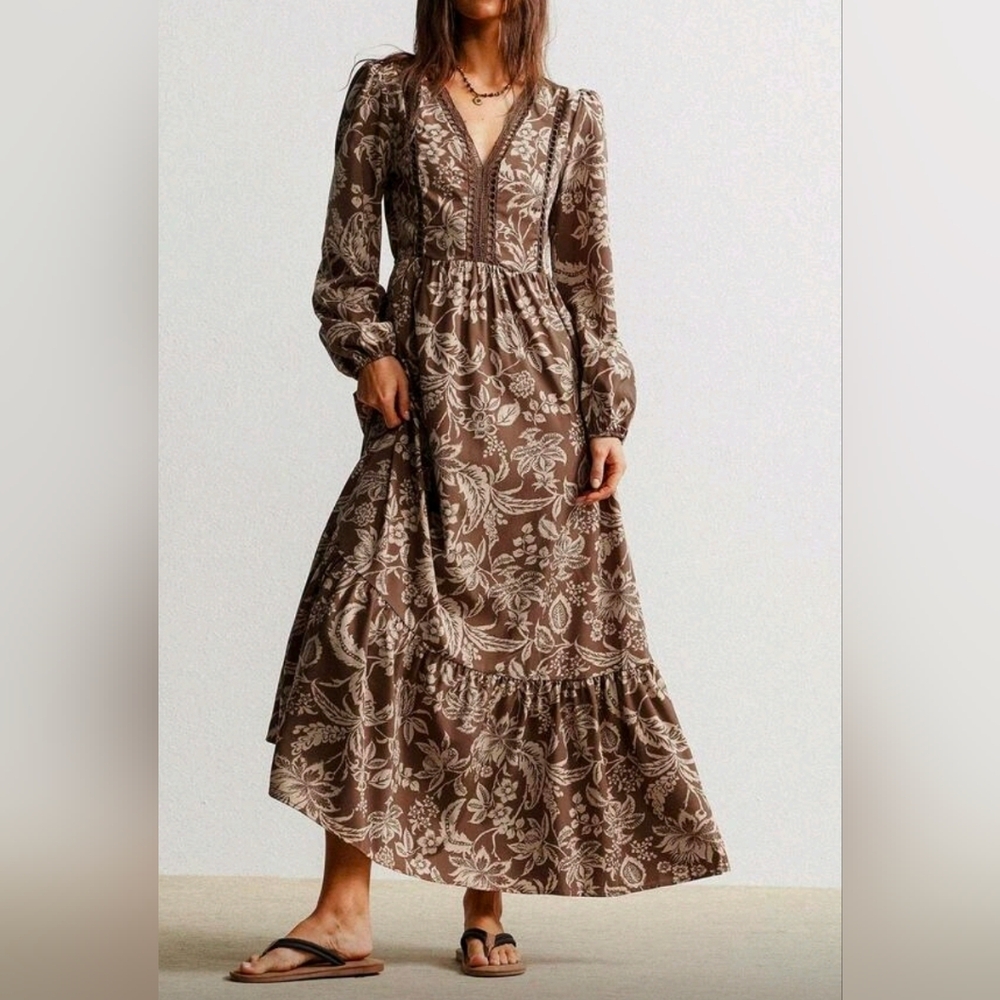 New Boho Floral Lace Maxi Dress Long Sleeve Brown Cream